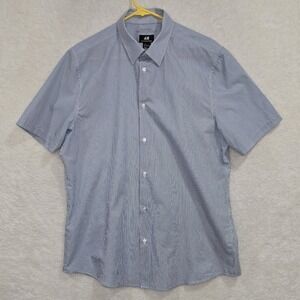 H&M‎ Men's Size L Blue Striped Slim-Fit Easy-Iron Button-Up Short Sleeve Shirt
